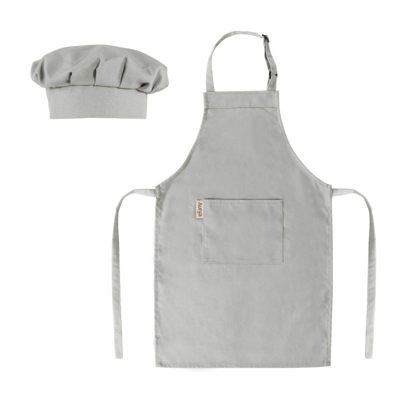 Aurya Kids Apron and Chef Hat Set-Adjustable Child Apron for Boys and Girls for Cooking Baking Light Gray - Image 1